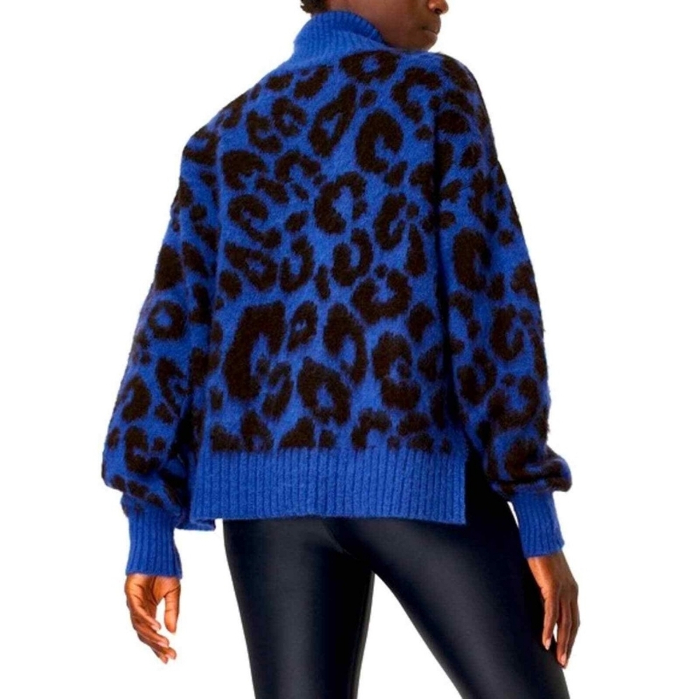 Sweaty Betty Leopard Jacquard Mohair Mock Neck Jumper in Royal Blue